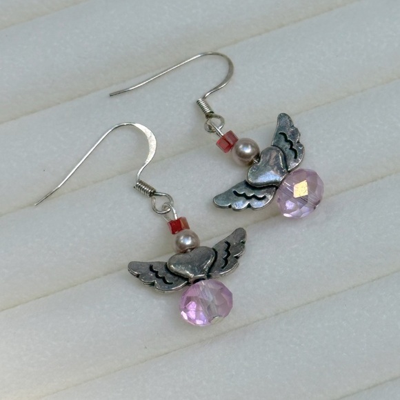 Handmade Pink Heart Wings Angel Earrings Glass & Faux Pearls Dainty Silver Tone - Picture 5 of 8